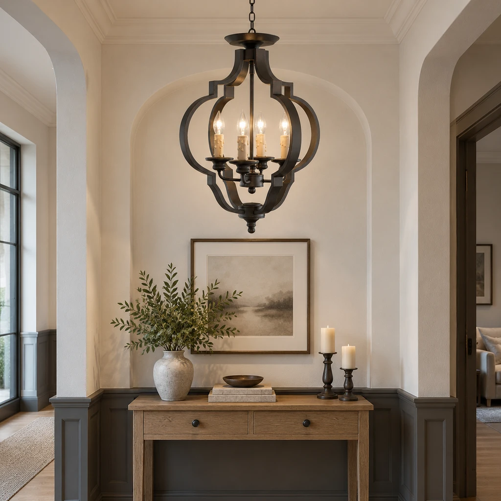 Geometric iron lantern chandelier in a boutique hotel lounge