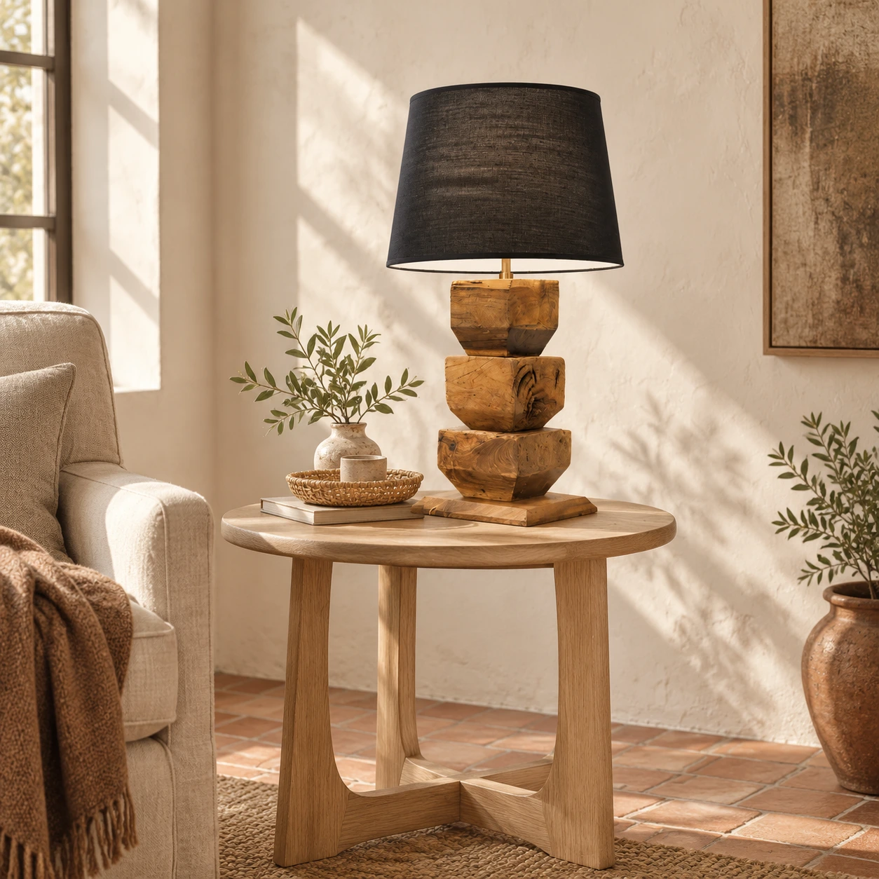 Solid wood table lamp on a living room side table