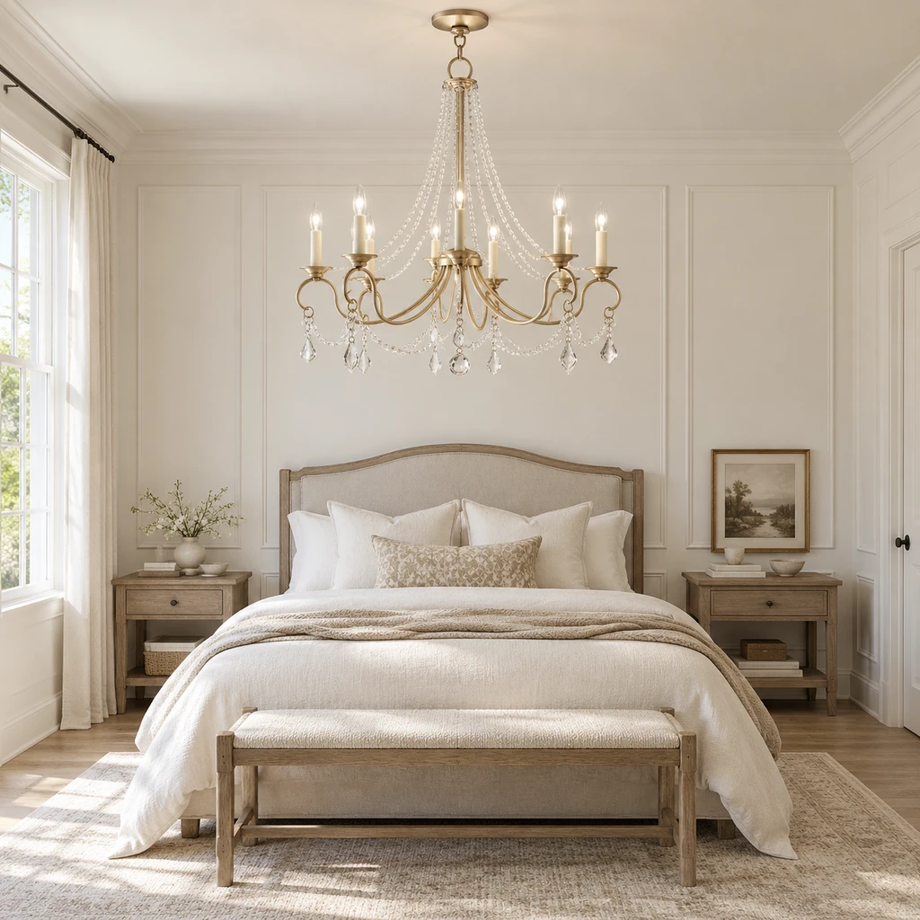 Marlow chandelier in a white paneled bedroom without bedside lamps