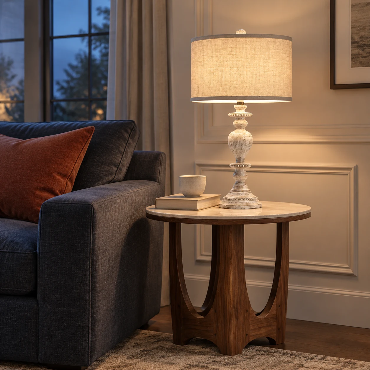 Distressed carved wood table lamp on a living room side table