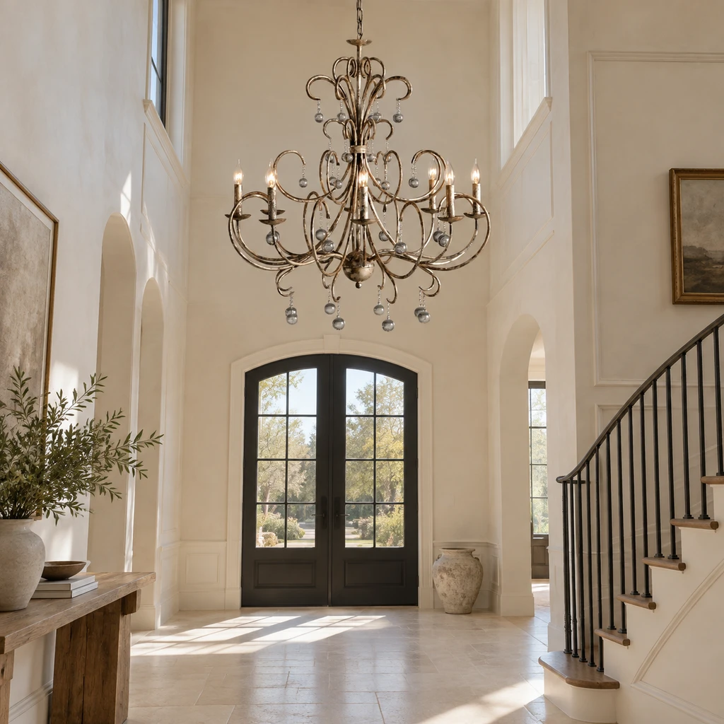 Antique iron chandelier installed in a foyer