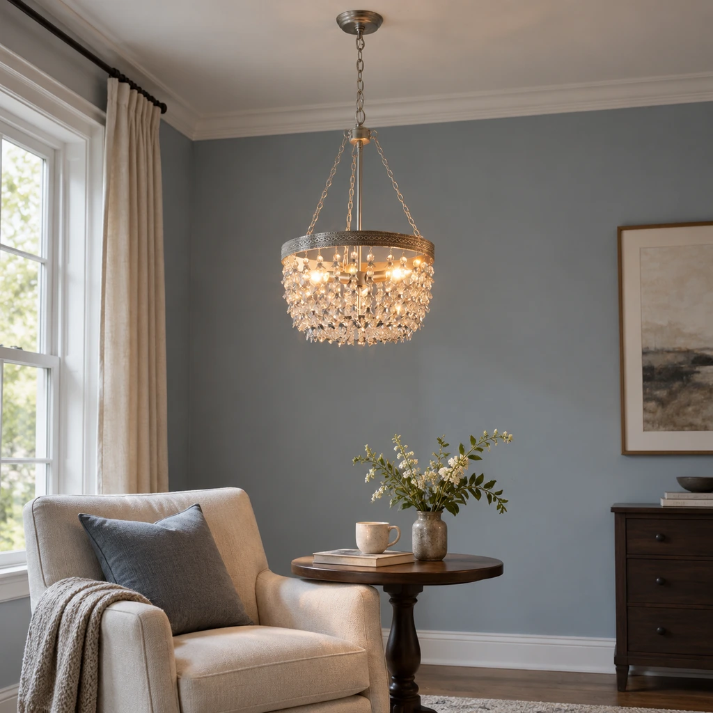 Silver crystal branch chandelier installed in a bedroom sitting area