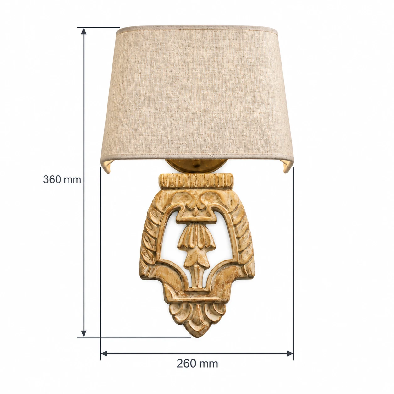 Carved Wood Shield front dimensions: 260 mm W x 360 mm H