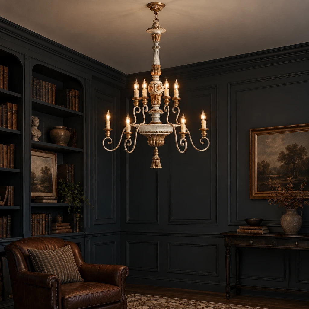 Aveline chandelier with its ceiling canopy visible in a dark-oak library lounge