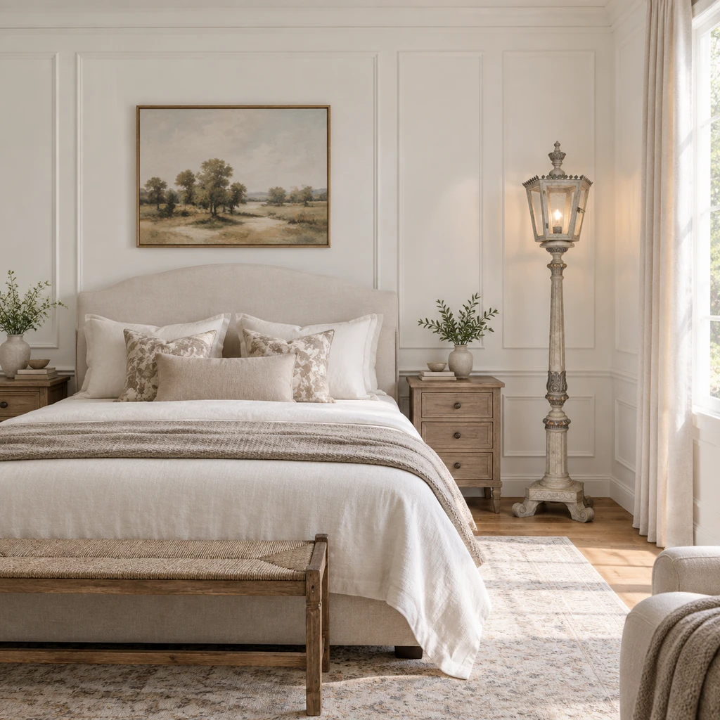 Chandelier in a bedroom without bedside lamps
