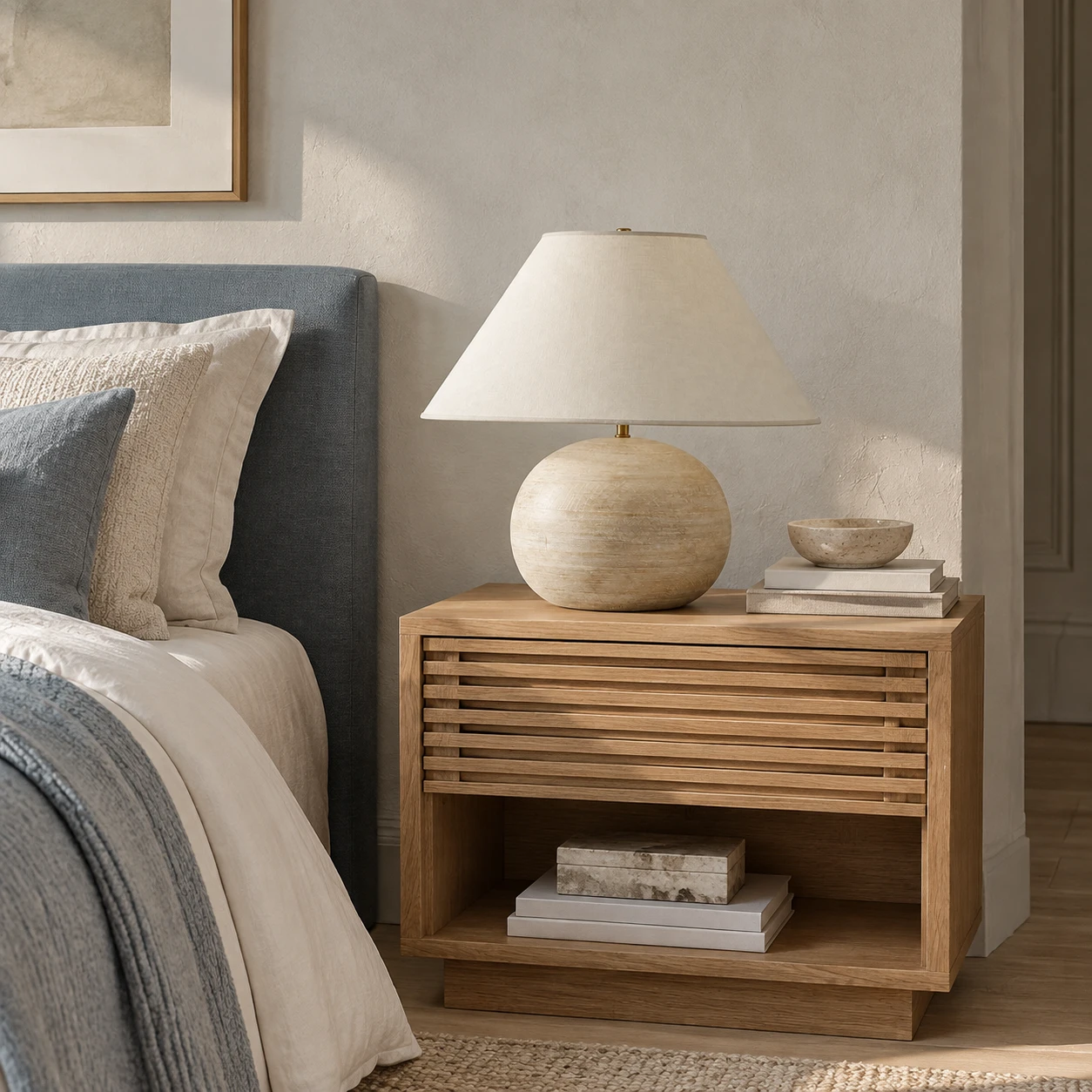 Bedroom nightstand with the distressed wood table lamp