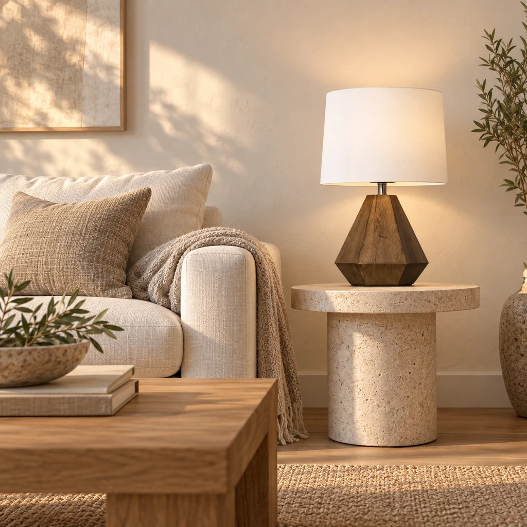 Faceted wood table lamp beside a linen sofa