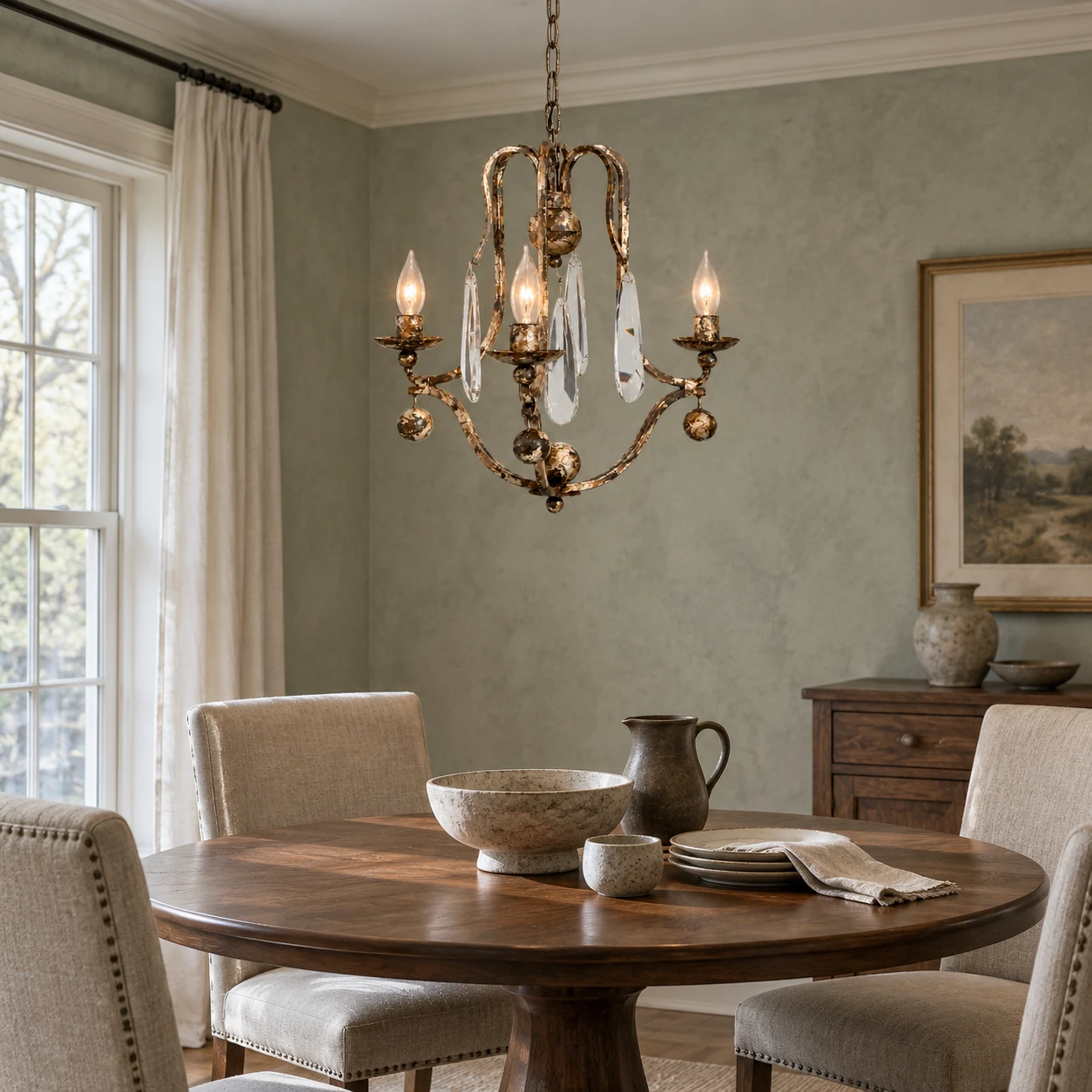 3-Light chandelier above a round dining table in cool mineral daylight
