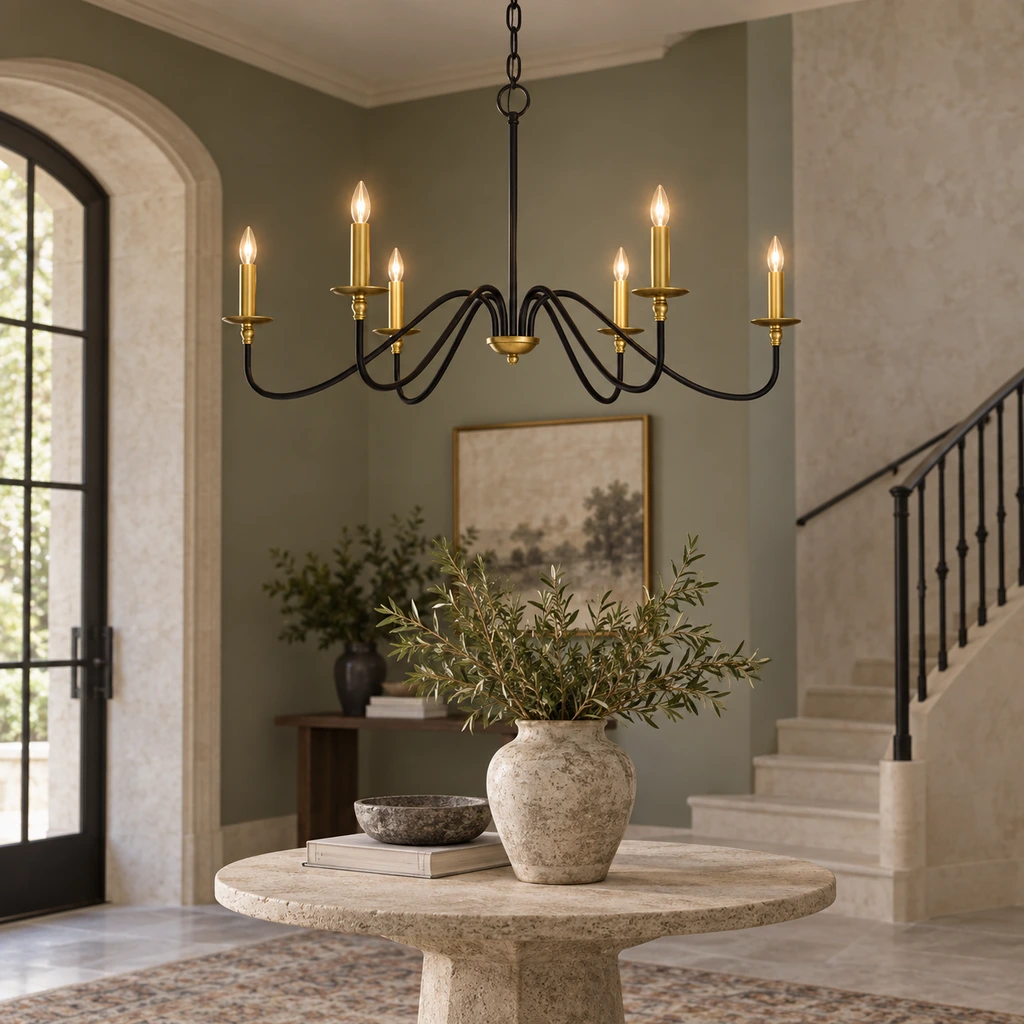 Arden black iron chandelier in an olive-gray architectural foyer