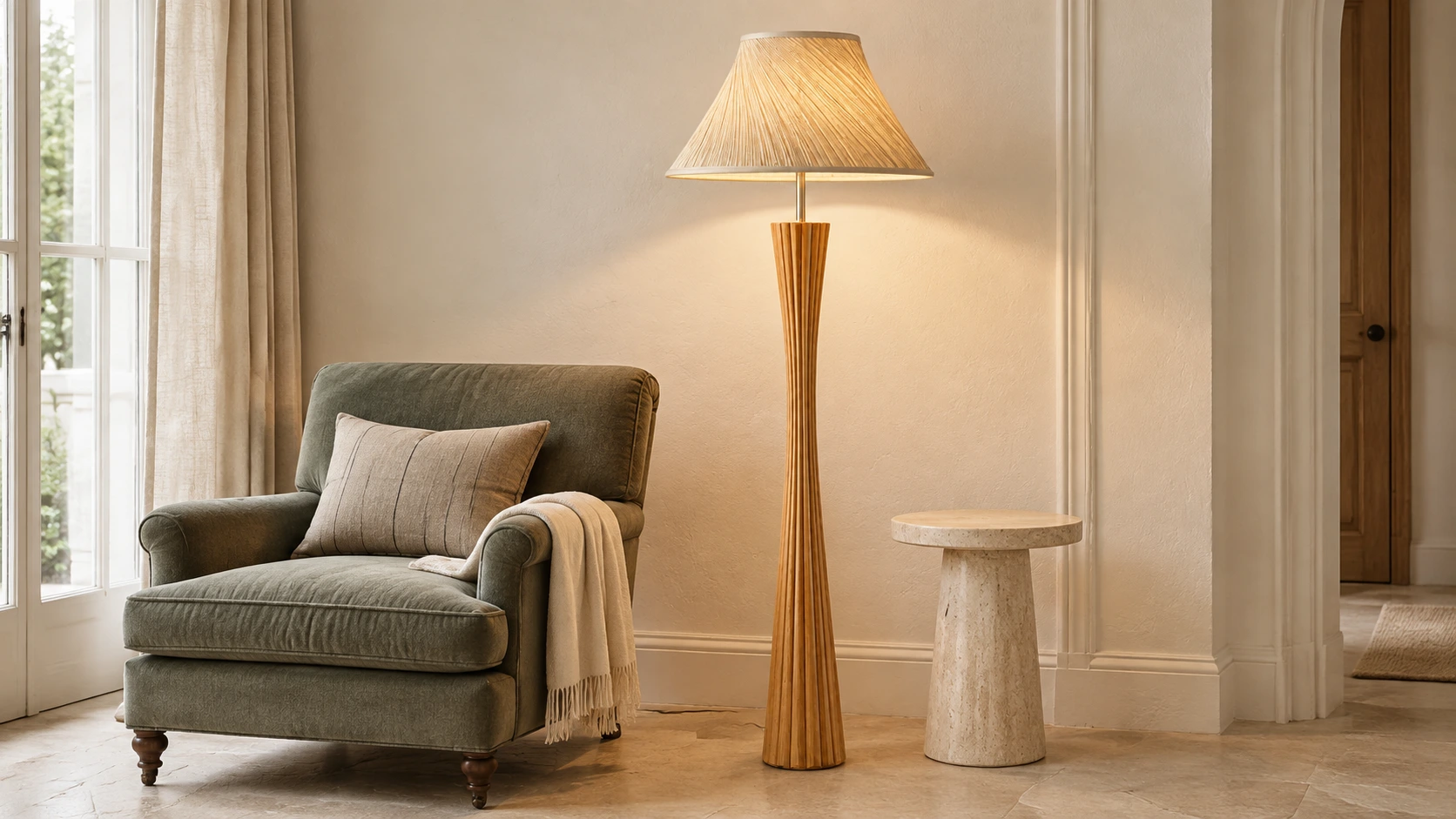 Elodie carved wooden floor lamp turned on beside a slate-green armchair in a quiet French-country reading corner