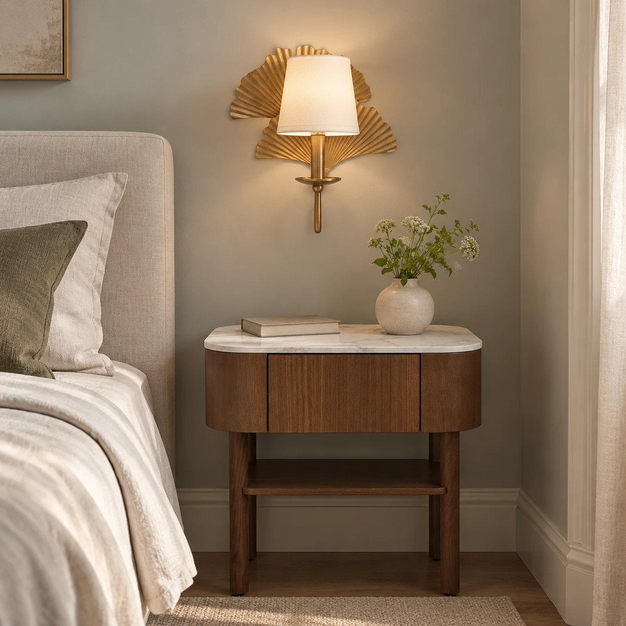 White-shade ginkgo sconce beside a bed