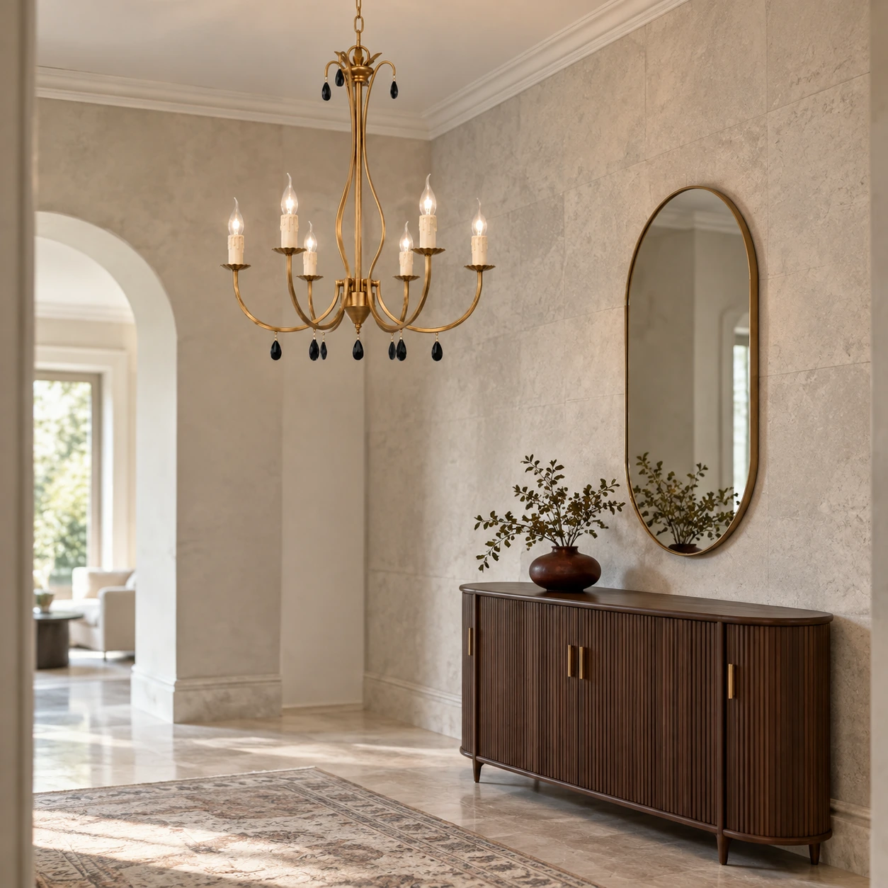 Celeste vintage gold chandelier suspended in a limestone foyer with a dark walnut console