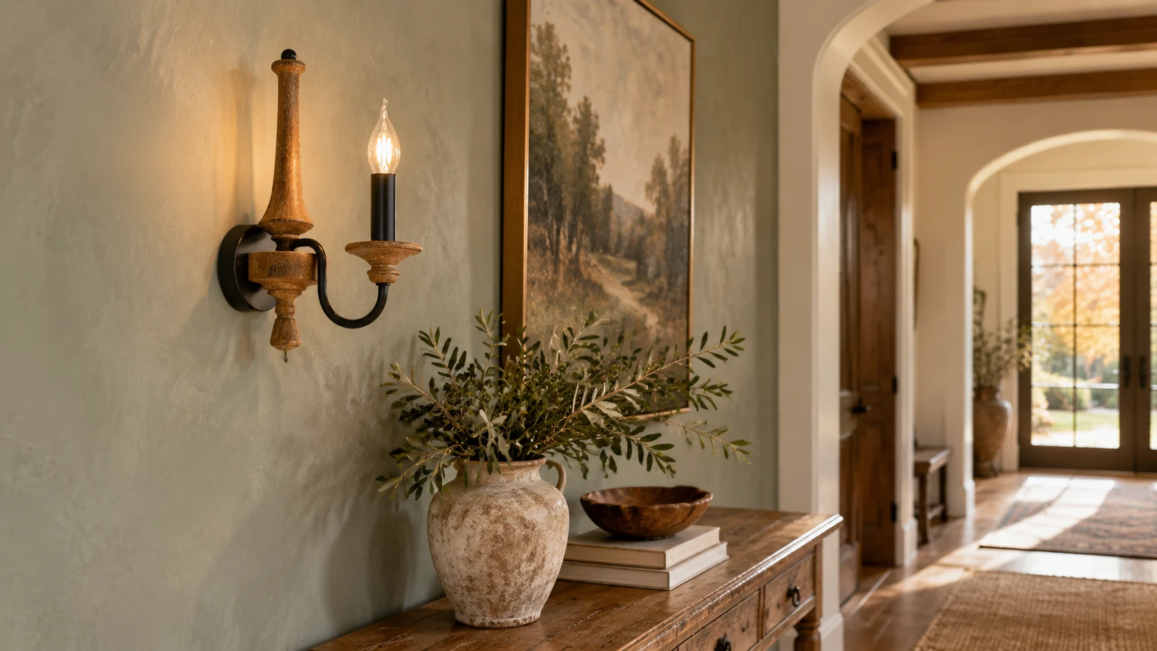 American vintage wood candle wall sconce installed on a textured entry wall