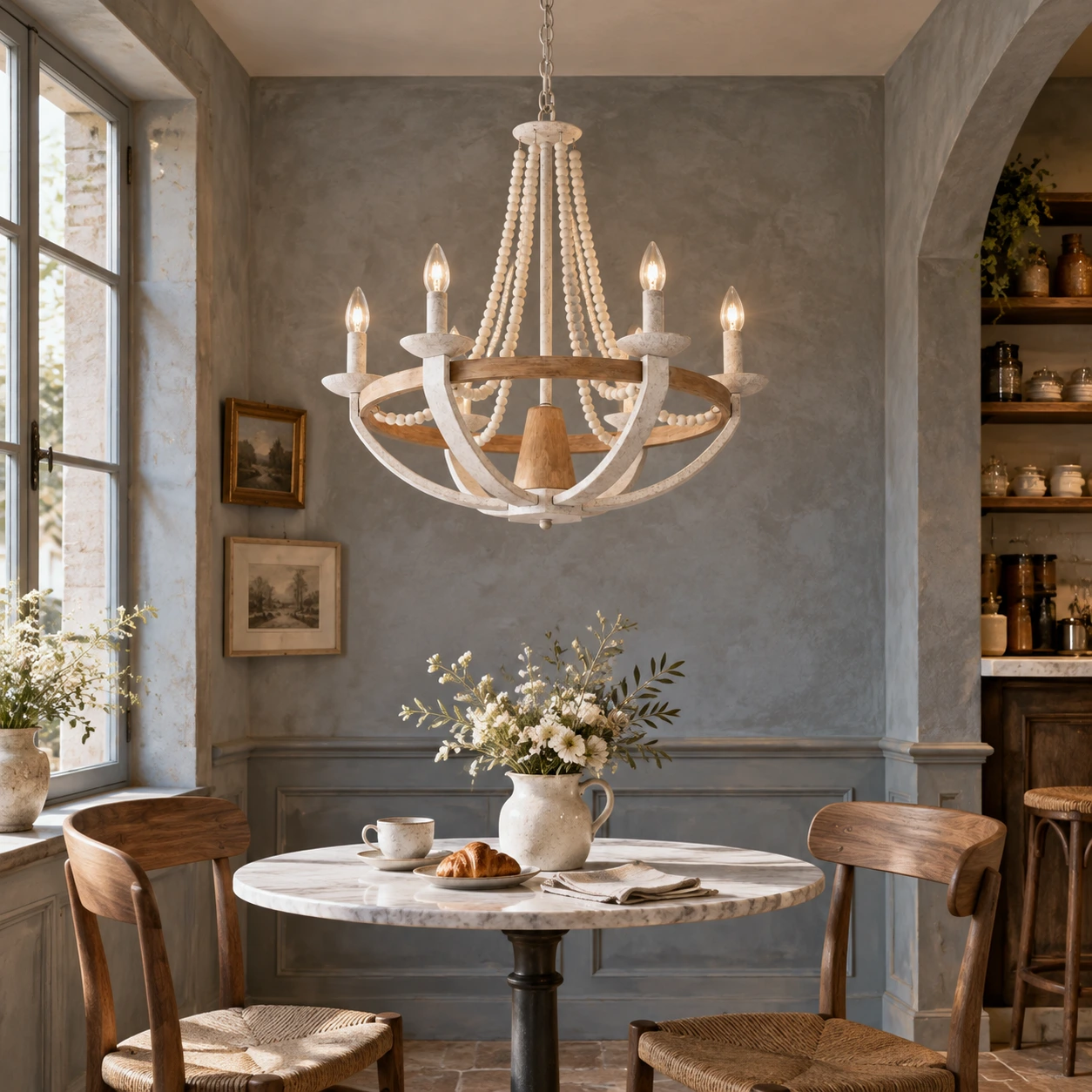 Vintage white six-head chandelier above a café table