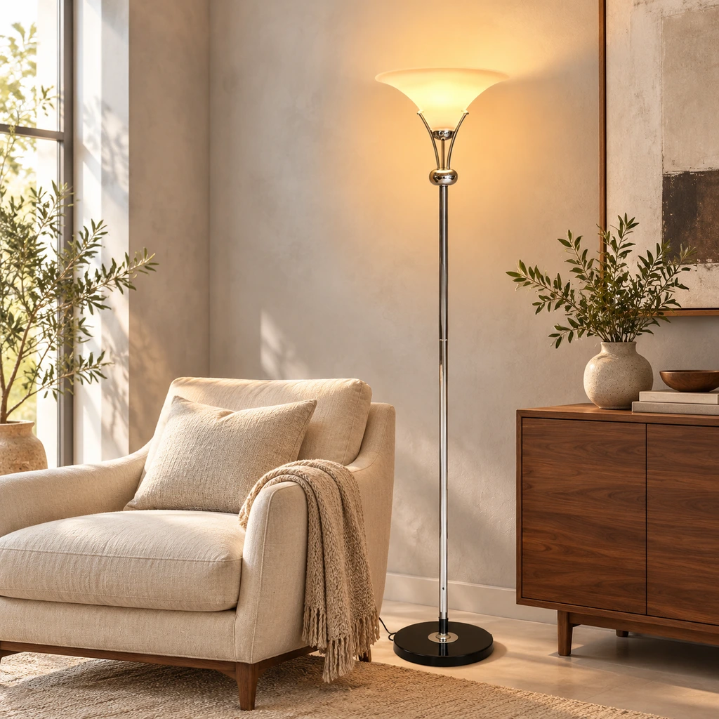Uplight floor lamp standing beside a lounge chair and wood cabinet
