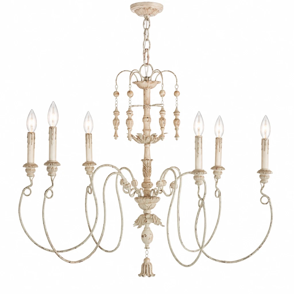 Large carved wood chandelier on a clean white background