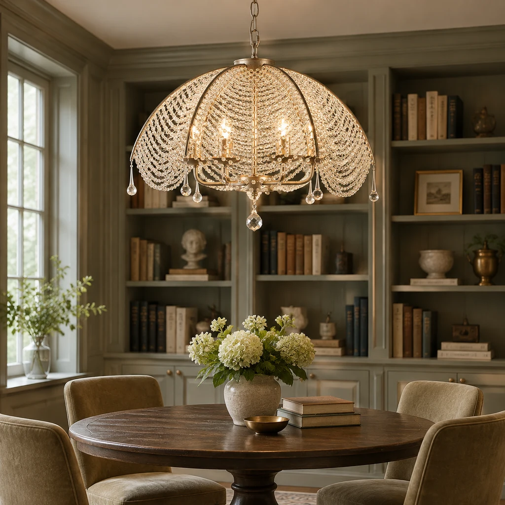 Aurelia silver beaded chandelier in an olive-gray library dining setting