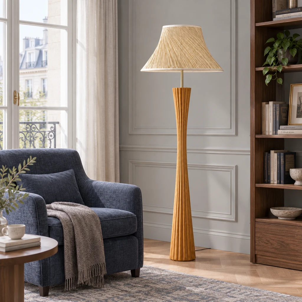 Elodie wooden floor lamp beside a slate-blue reading chair in a home library