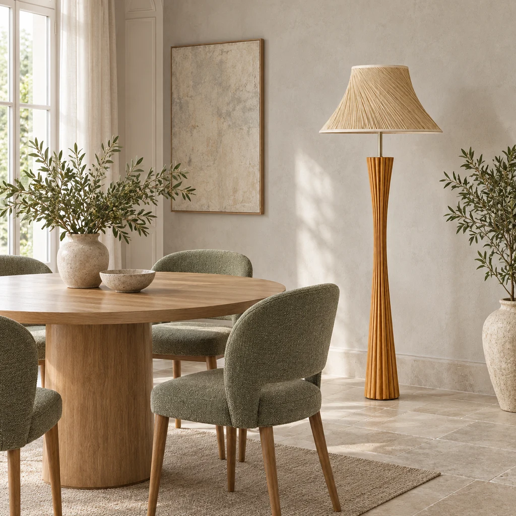 Elodie wooden floor lamp in a limestone and pale-wood dining room