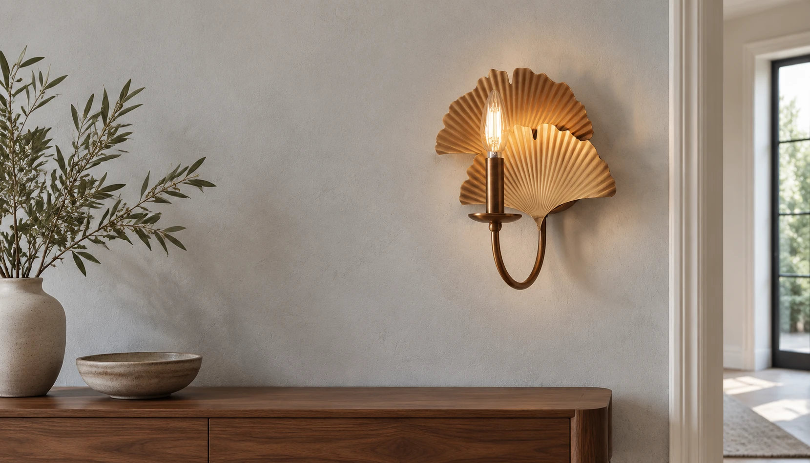 Vintage copper ginkgo wall sconce above a walnut console in a bright entryway