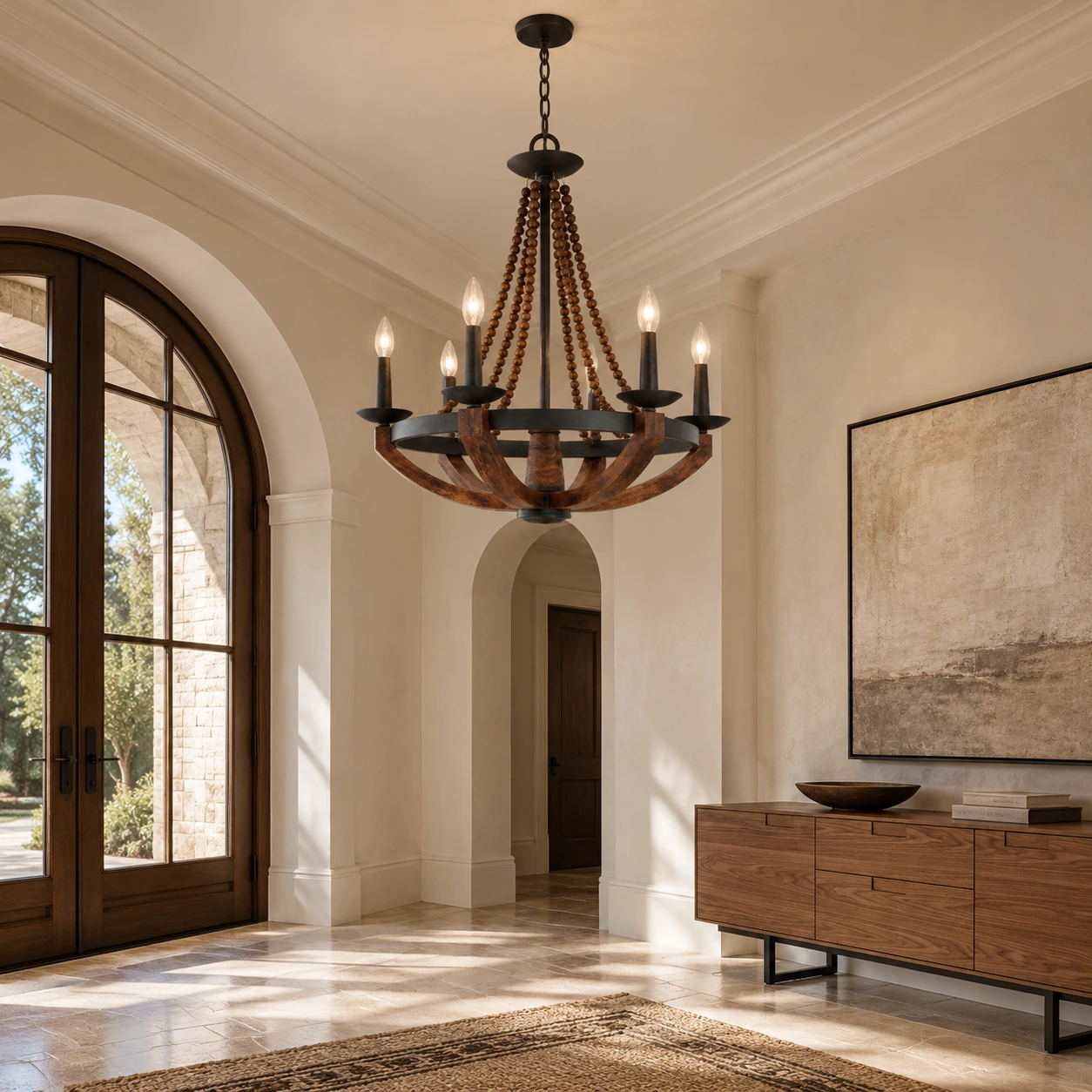 Walnut six-head wood chandelier in a high-ceiling entry hall