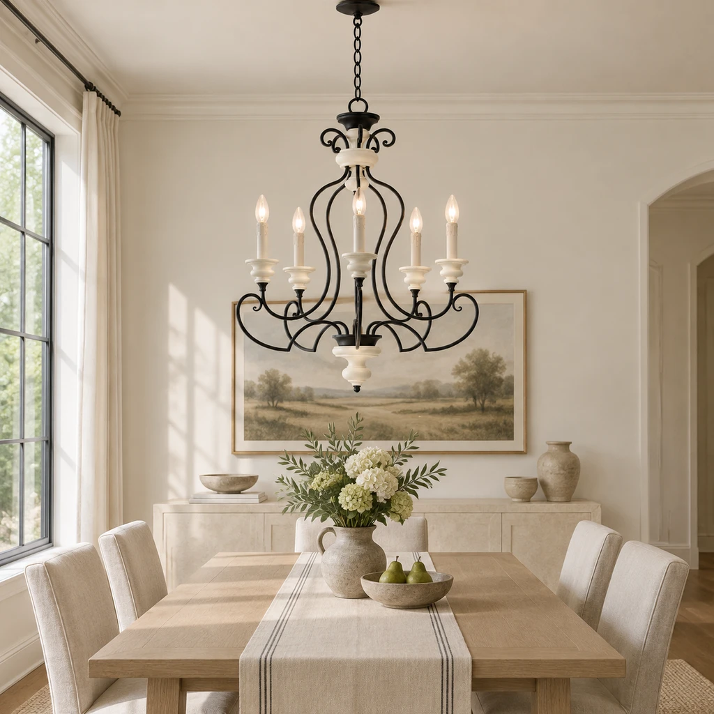 Aveline chandelier above a pale oak dining table