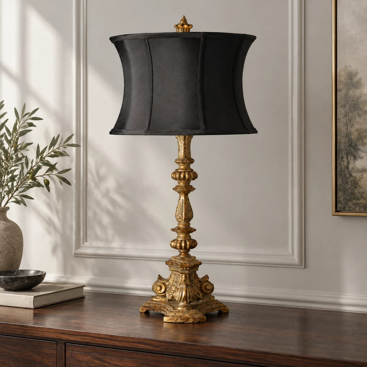 Black Shade table lamp on a walnut entry console