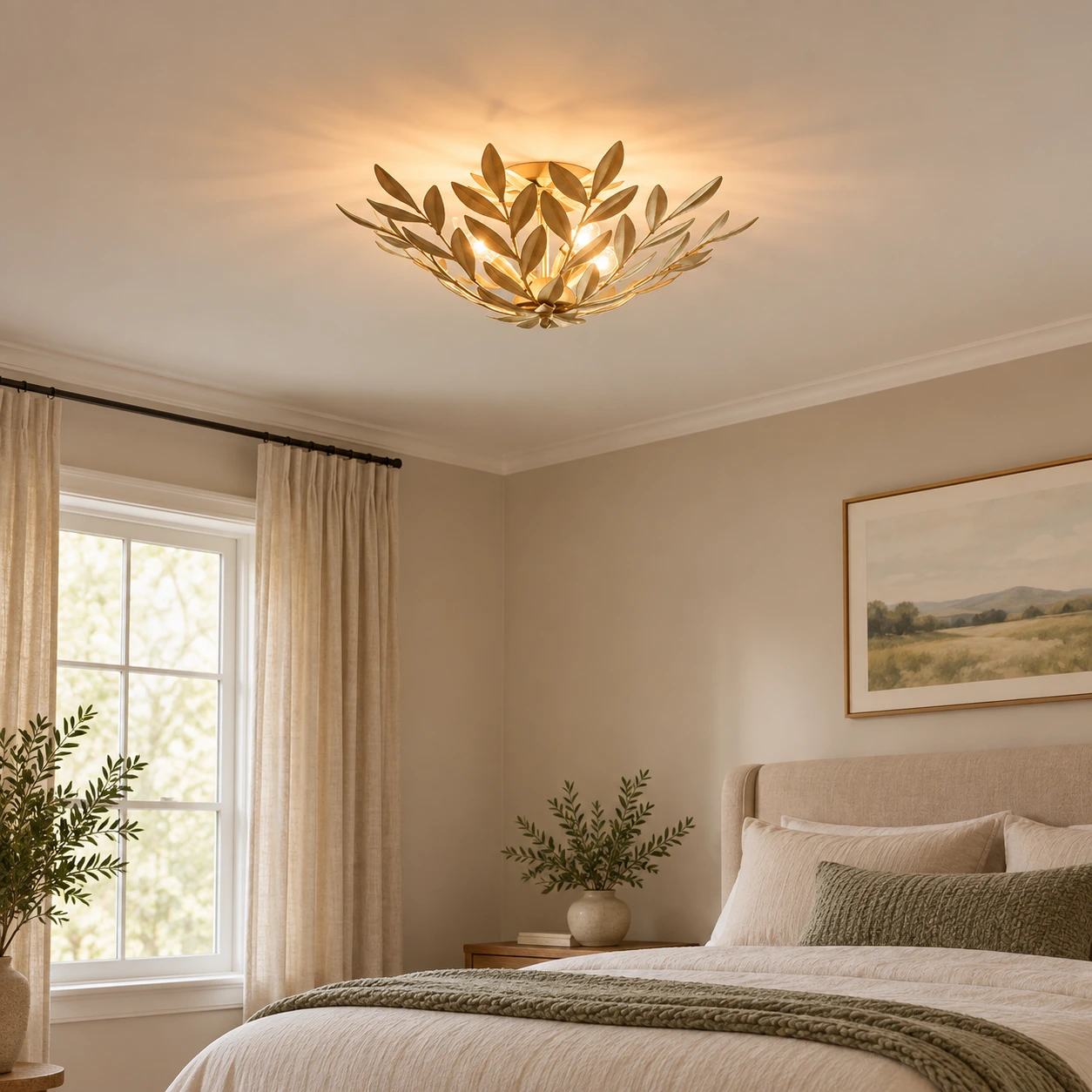 Golden leaf flush mount light above a bedroom setting