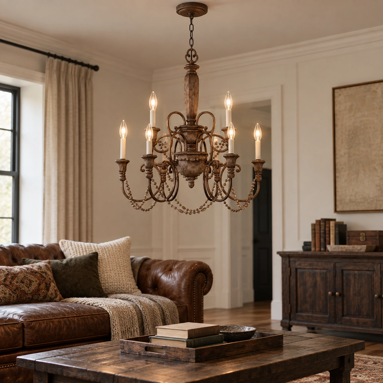 Aurelia wood pendant light in an American vintage living room