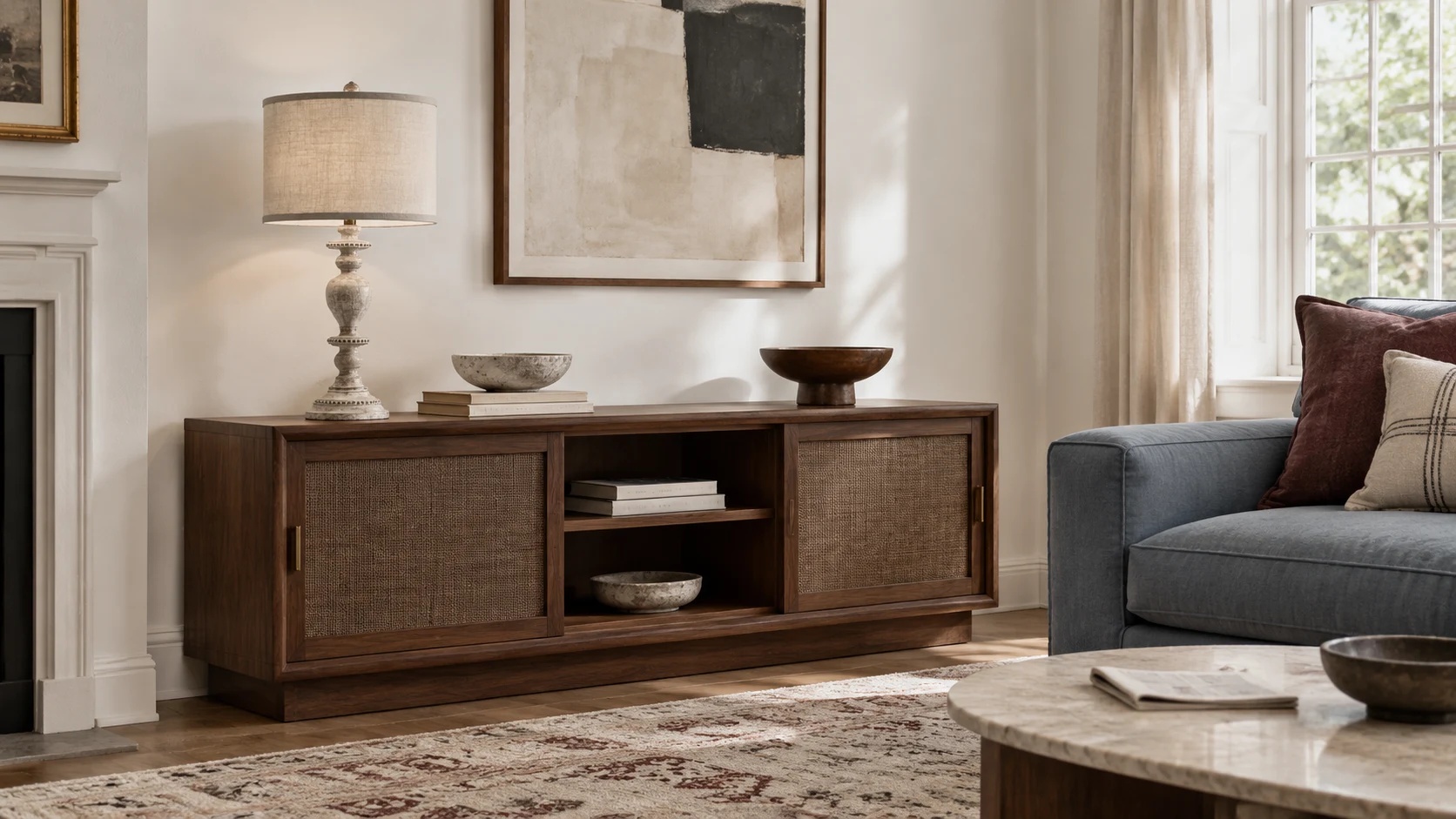 Distressed carved wood table lamp on a walnut credenza in a living room