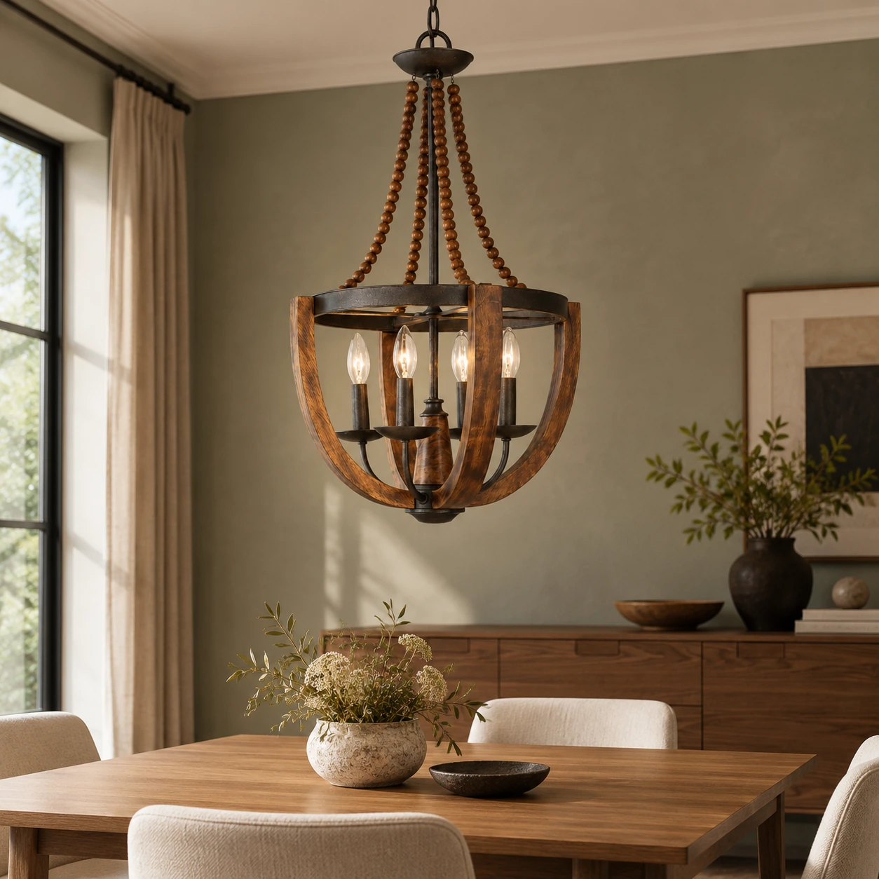 Four-head wood chandelier over a compact dining table