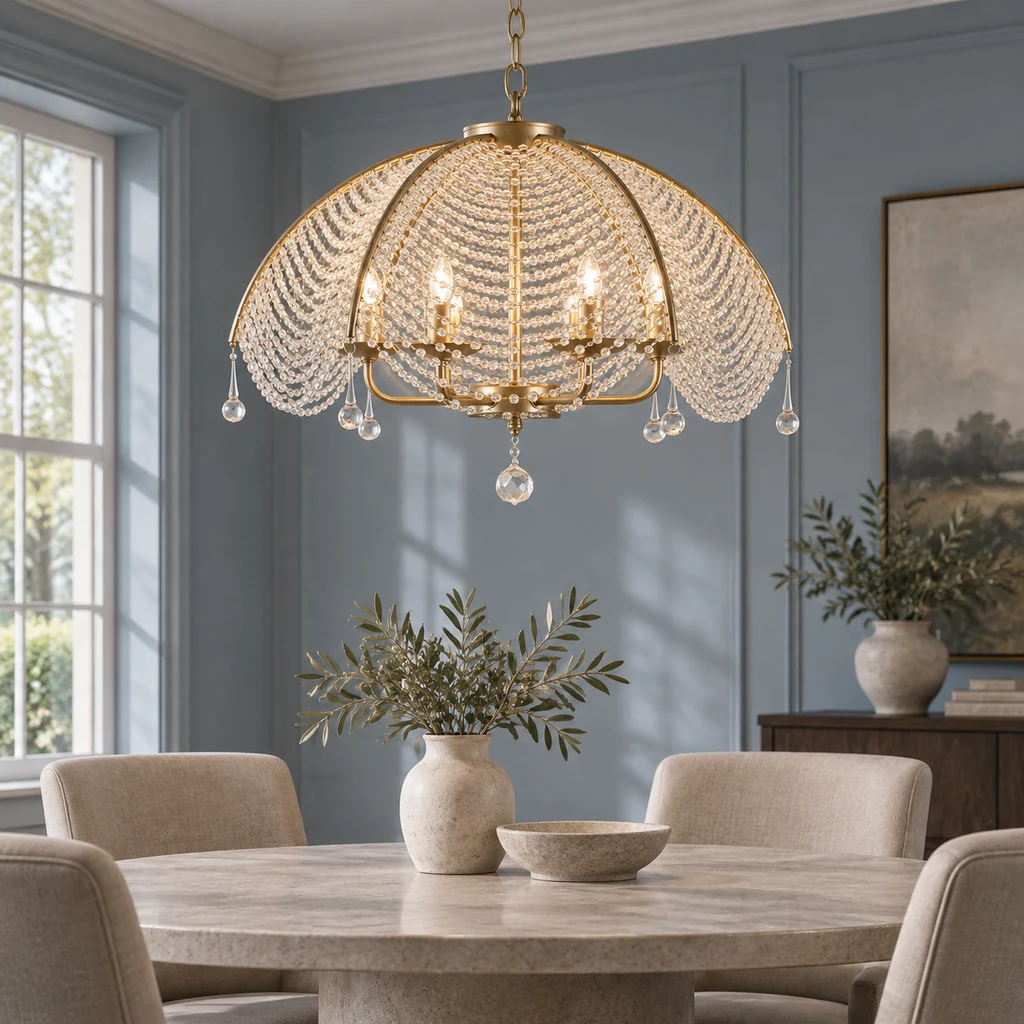Aurelia gold beaded chandelier above a pale stone table in a blue-gray dining room