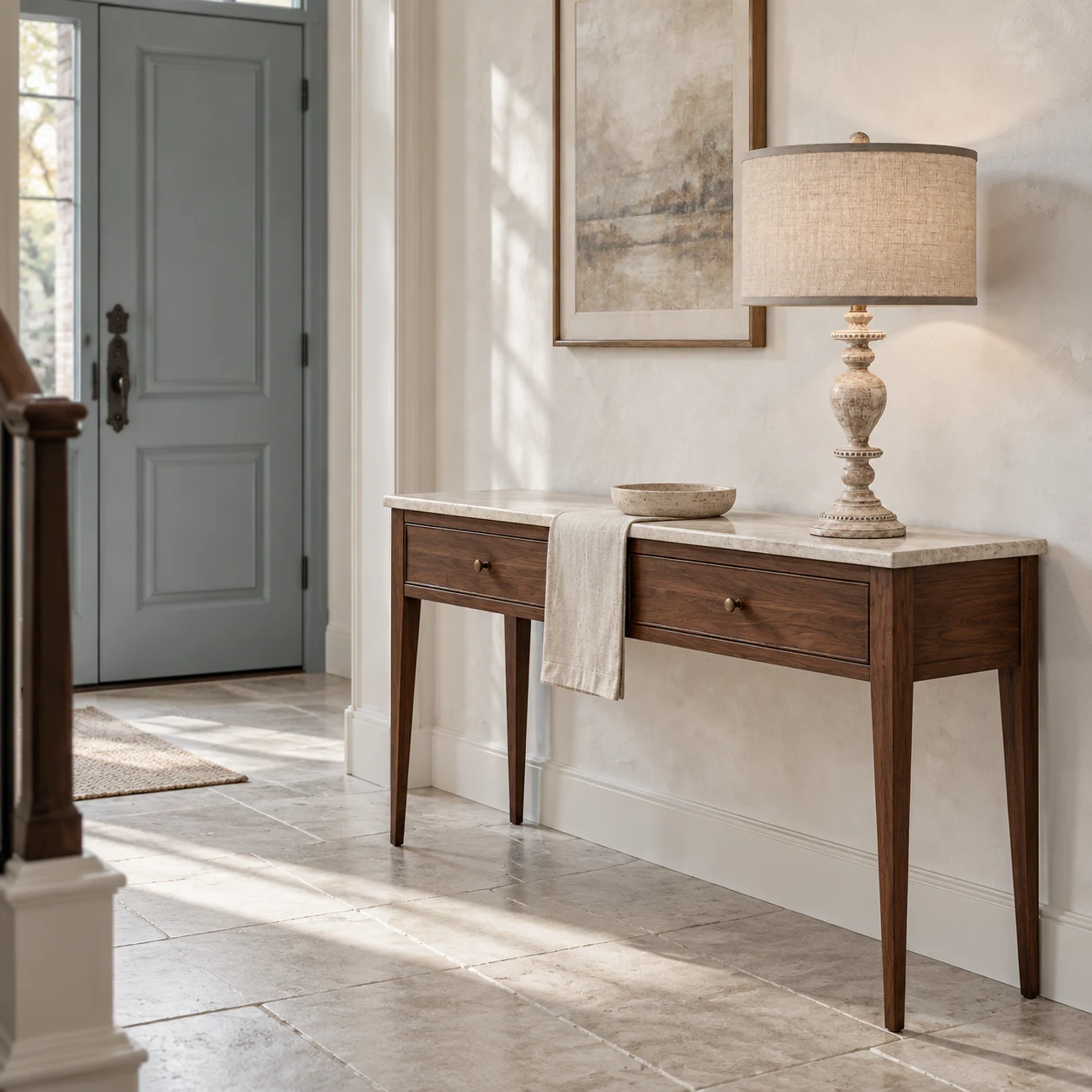 Distressed carved wood table lamp on an entryway console