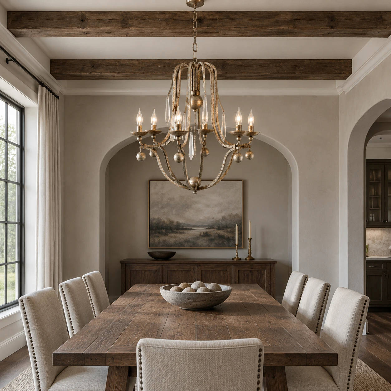 6-Light chandelier above a long walnut dining table
