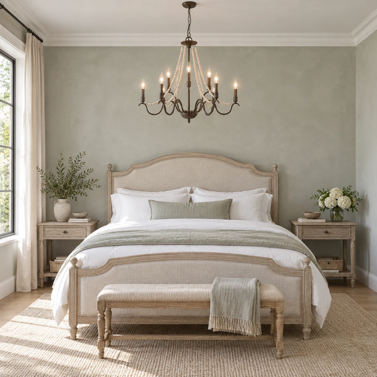 French vintage wood bead chandelier in a bright guest bedroom without bedside lamps
