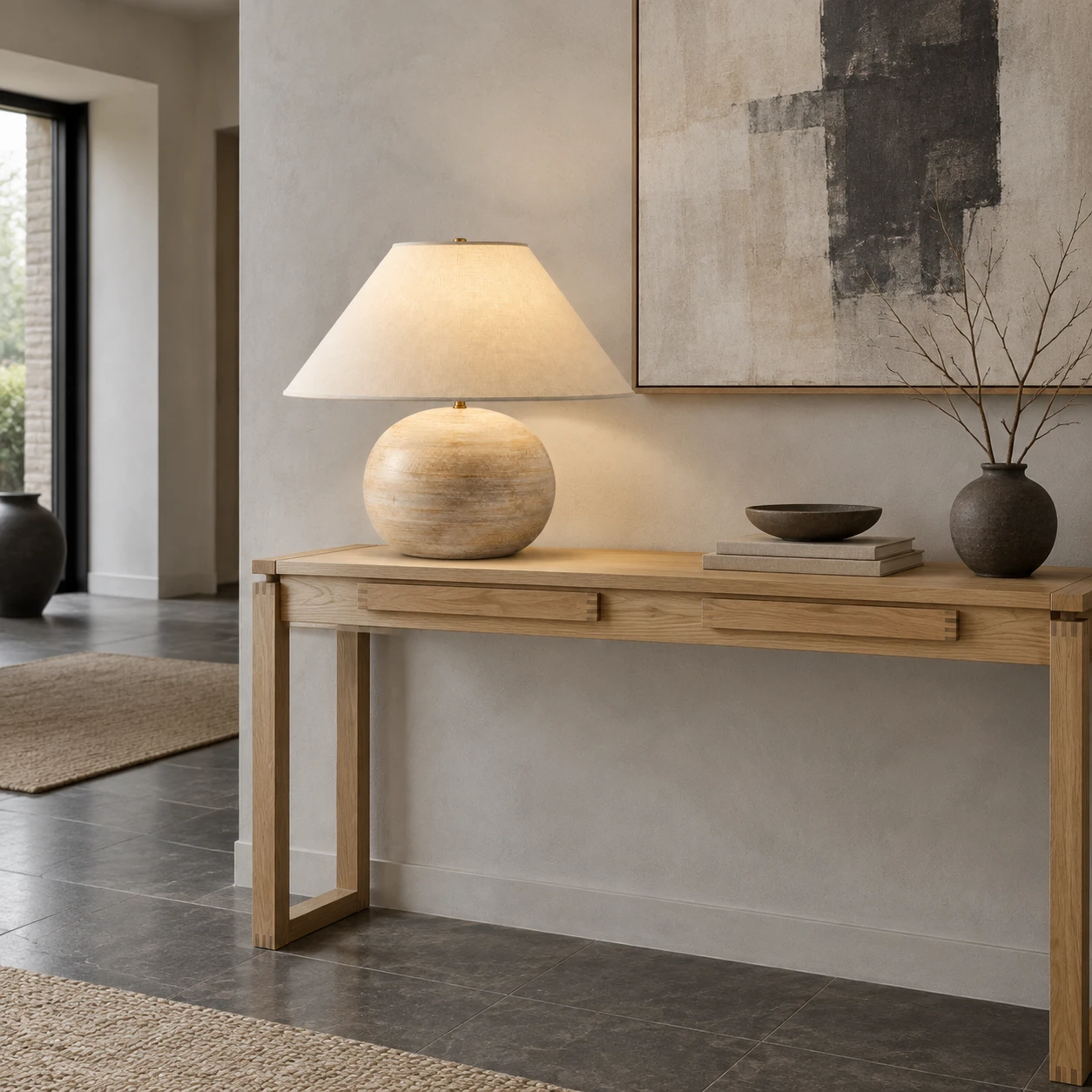 Entry console with the distressed wood table lamp