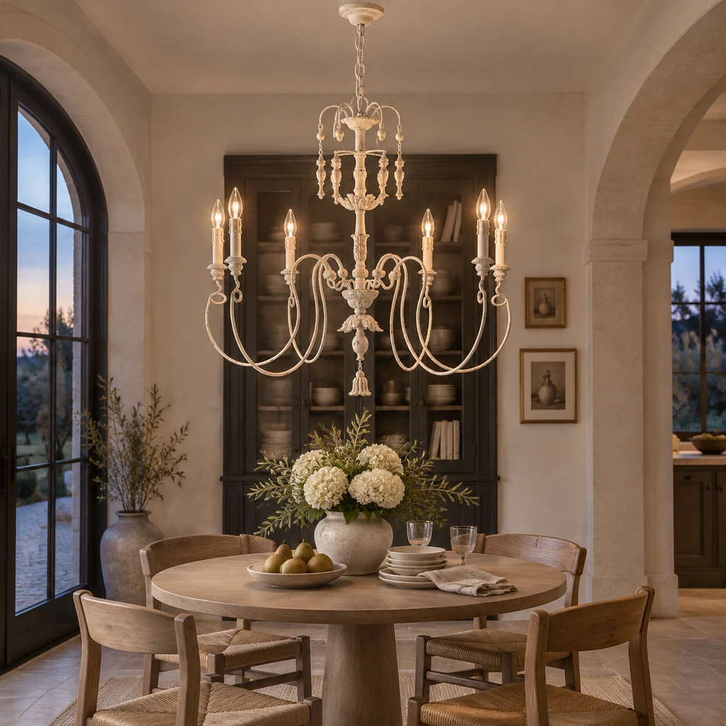 Carved wood chandelier in an intimate hospitality interior