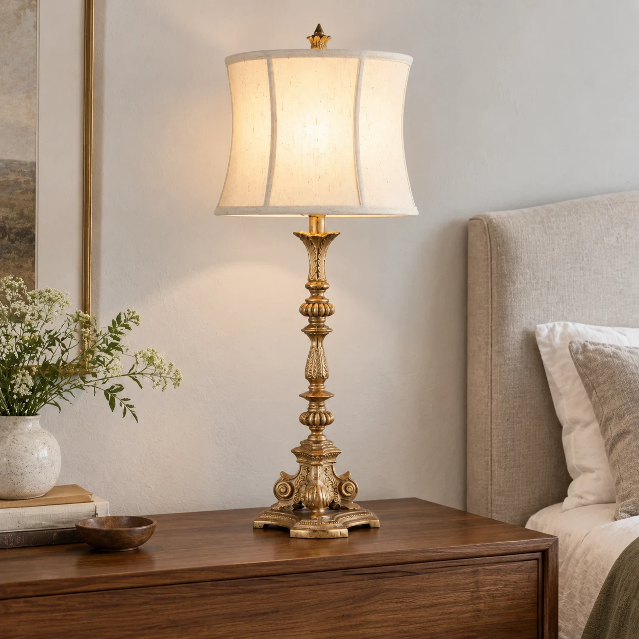 Ivory Shade table lamp on a wide bedroom dresser
