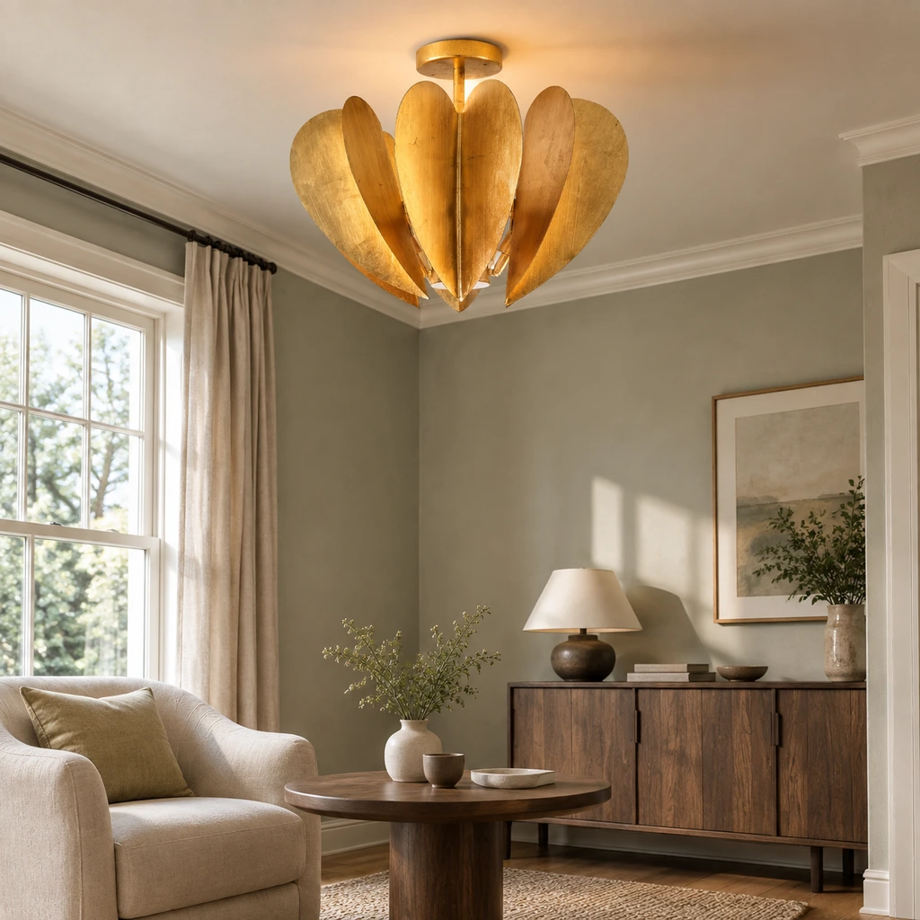 Vintage gold leaf flush-mount ceiling light installed in a bedroom sitting area