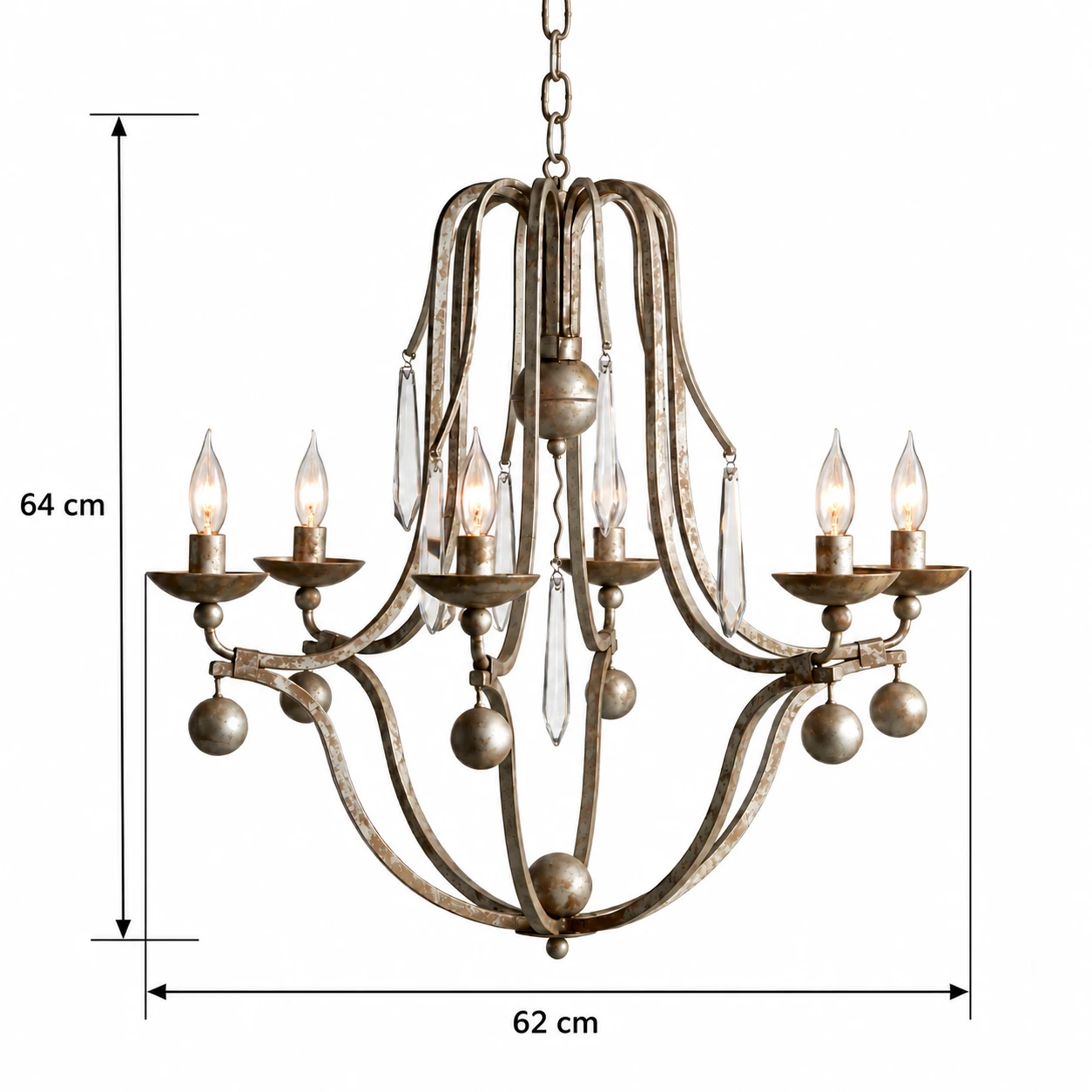 6-Light chandelier dimensions: 62 cm diameter and 64 cm overall height