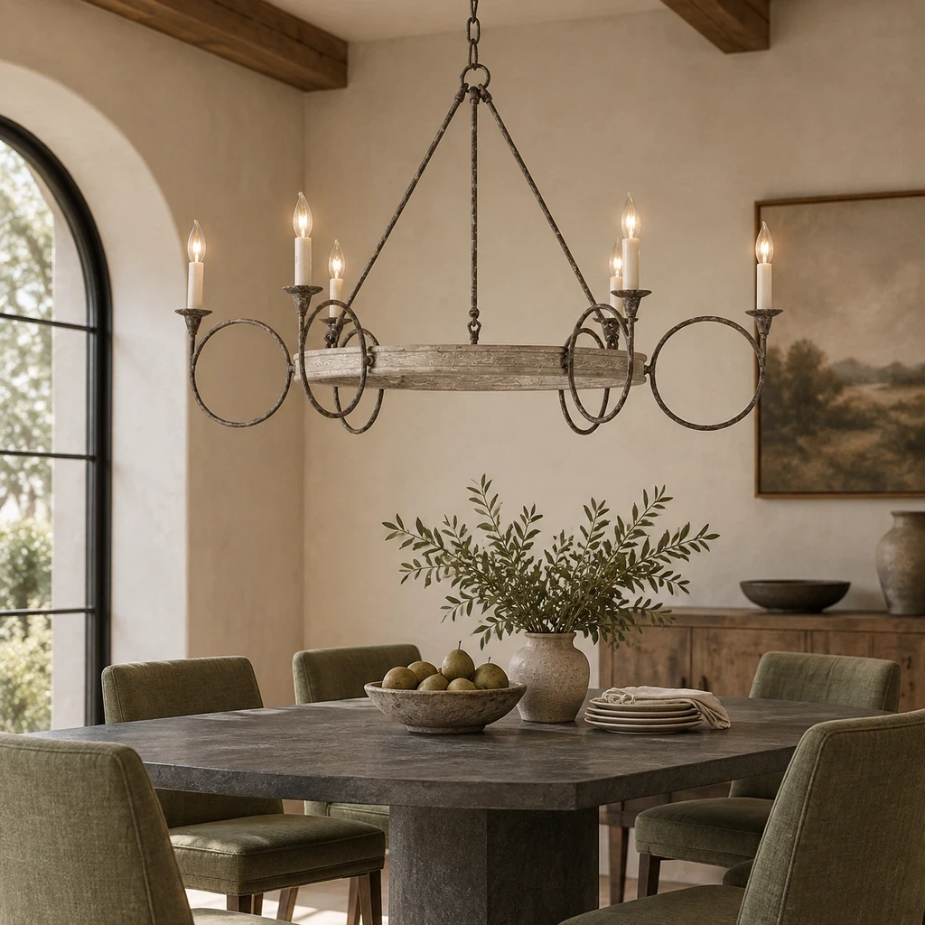 American Rustic Distressed Iron Ring Chandelier above a muted dining table