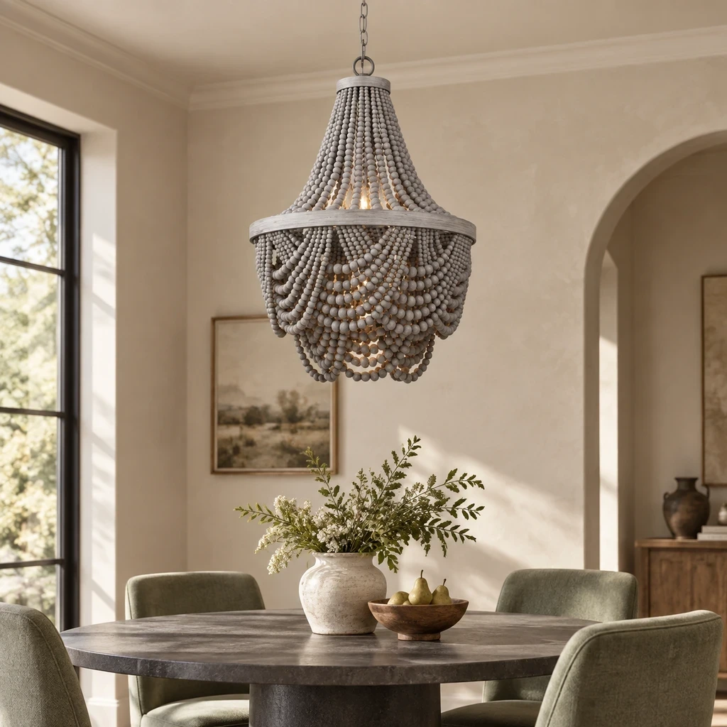 Gray wood beaded chandelier above a muted dining table