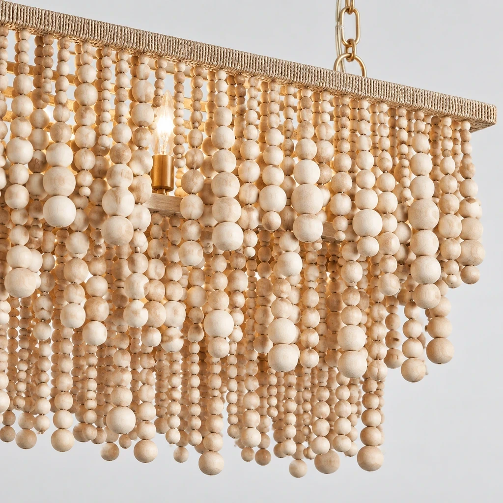Close detail of the candle-style sockets, natural wood bead strands and lower ornament