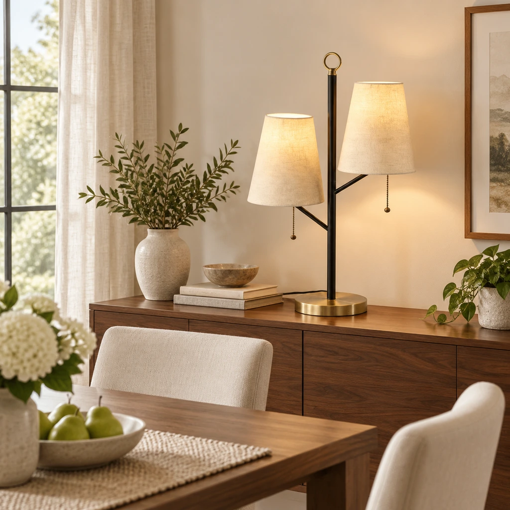 Modern twin-shade table lamp styled in a dining room