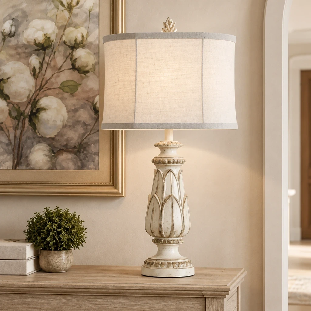 Rustic Carved Floral Linen Table Lamp illuminated in a warm plaster entry