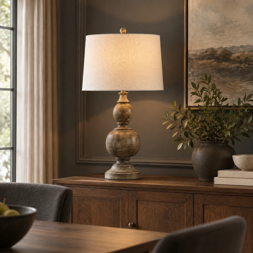Rustic distressed wood table lamp on a dining sideboard