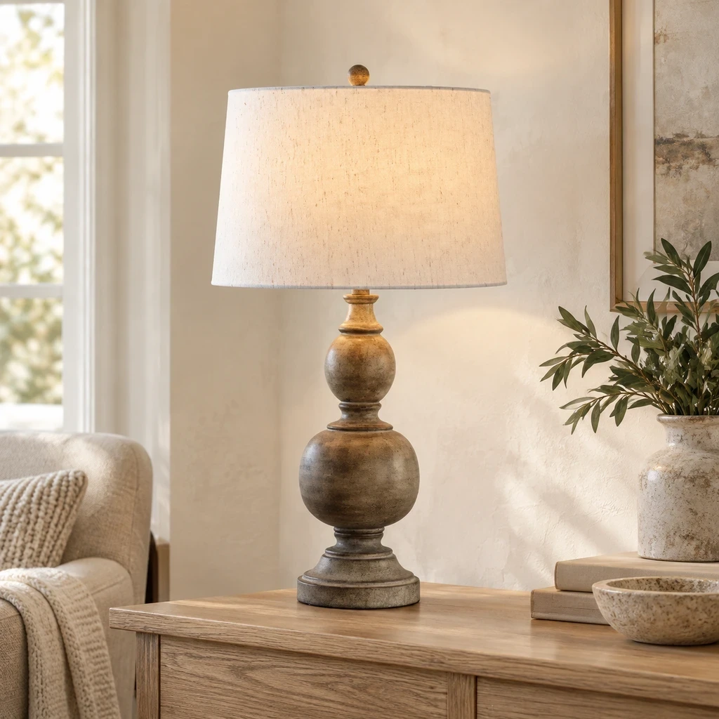 Rustic distressed wood table lamp in a warm plaster entry