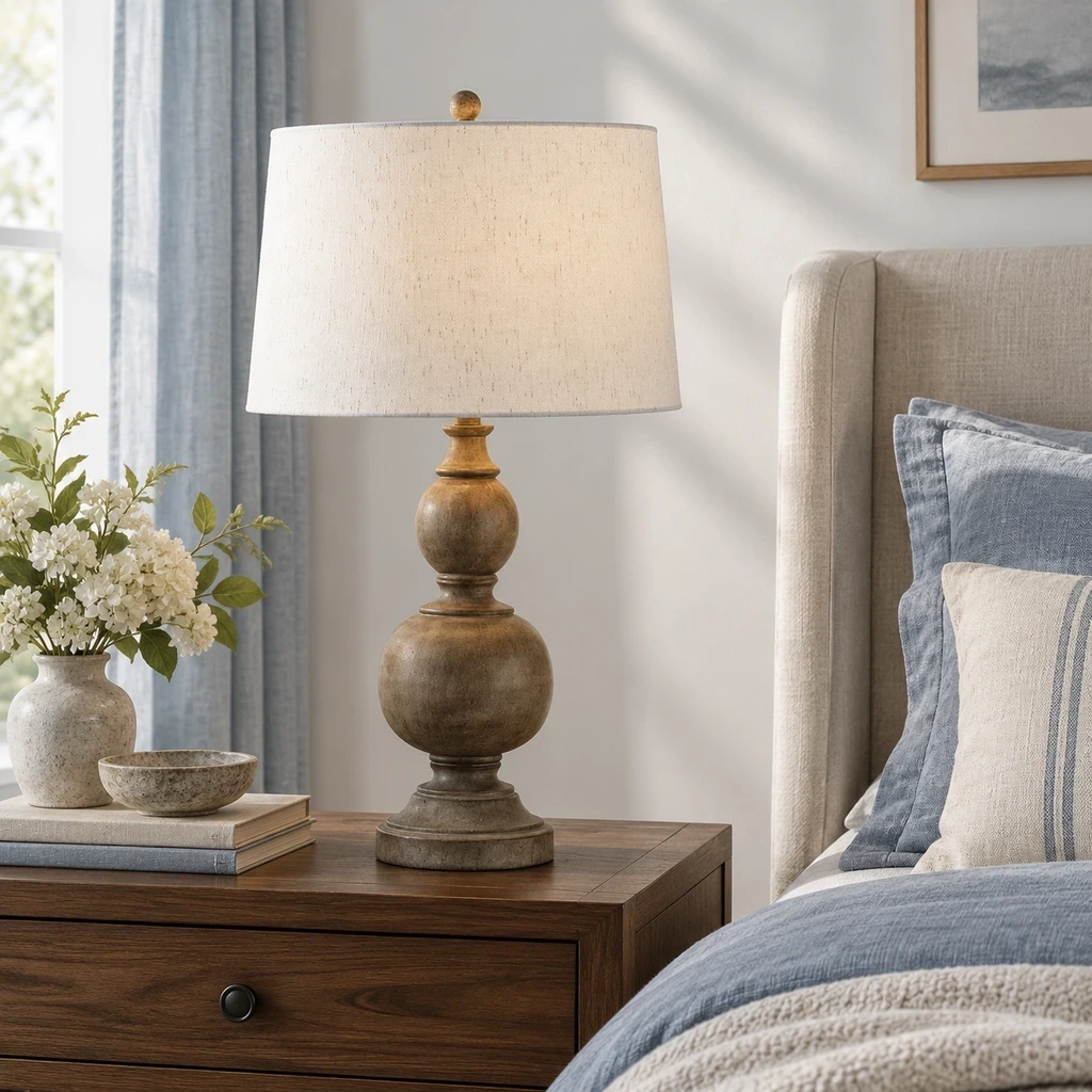 Rustic distressed wood table lamp placed on a bedside table