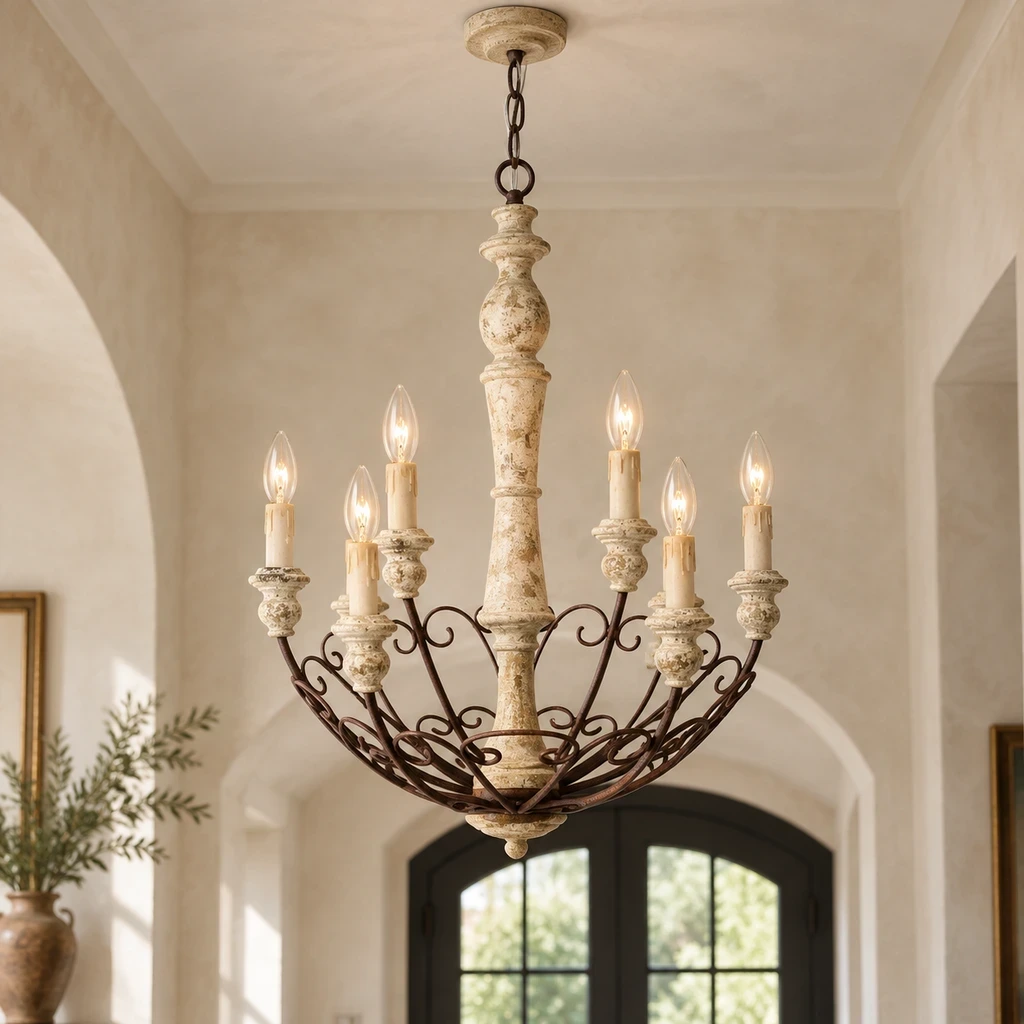 Rustic Six-Arm Carved Wood Chandelier illuminated in a warm plaster entry