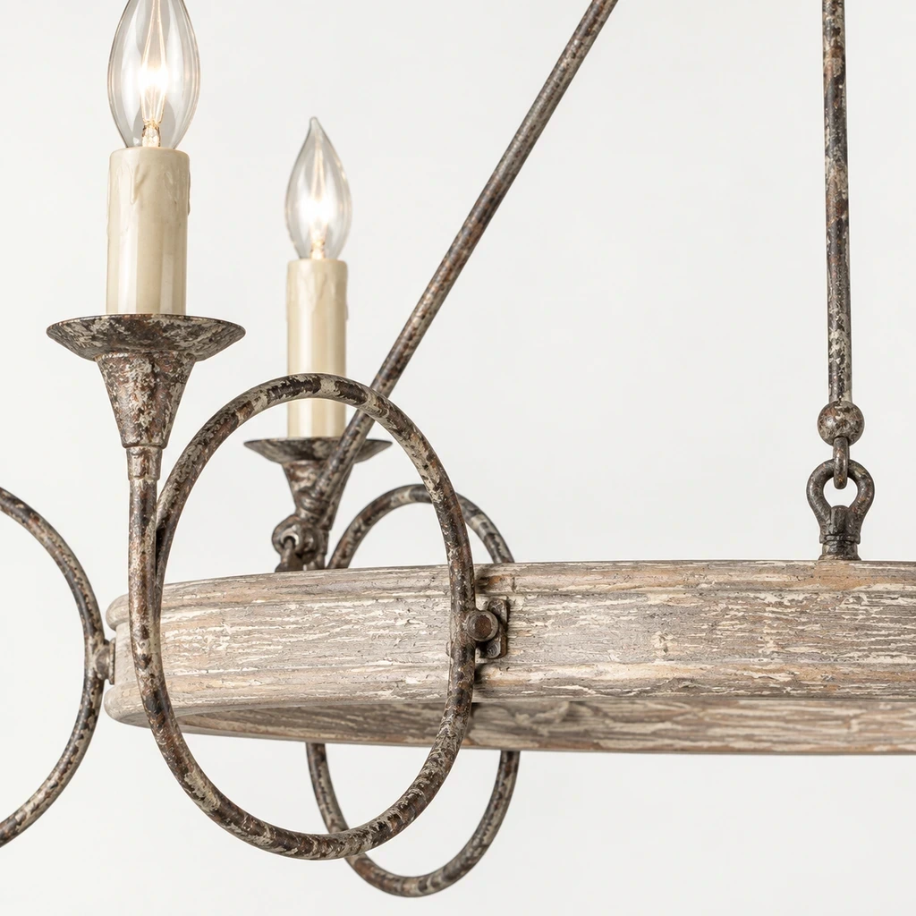 Close detail of the weathered horizontal center bar and distressed iron ring arm